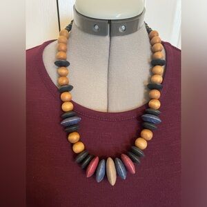 Wood Bead Necklace 25" Black, brown blue Purple Lightweight Boho Ethnic Necklace